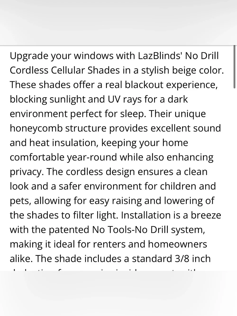Cordless Cellular Shade 20”W 48”H - BEIGE